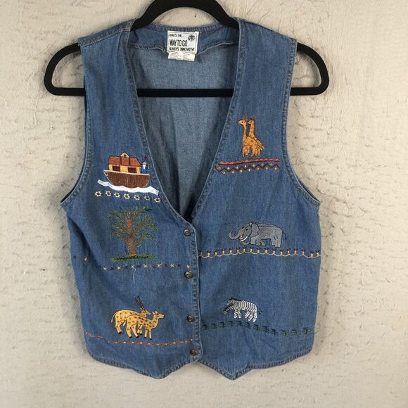 Vintage Way To Go Denim Vest Womens Large Noahs Ark Embroidered Animals 90s Rare - Picture 1 of 15